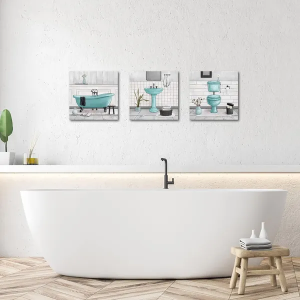 Multicolor_Bathroom_Wall_Art_Bath_Tub_Painting_Picture_Bathroom_Wall_Decor_Framed_Ready_To_Hang_12X12Inchx3,Turquoise