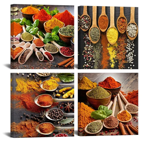 Multicolor_Homoeart_Colorful_Spices_Kitchen_Pictures_Canvas_Wall_Art_Prints_Framed_Still_Life_Food_Painting_12"X12"X4_Panels_Dining_Room_Restaurant_Home_Wall_Decor