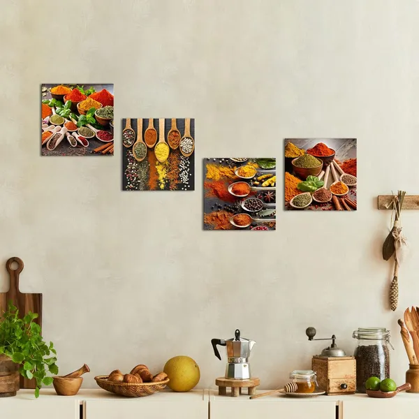 Multicolor_Homoeart_Colorful_Spices_Kitchen_Pictures_Canvas_Wall_Art_Prints_Framed_Still_Life_Food_Painting_12"X12"X4_Panels_Dining_Room_Restaurant_Home_Wall_Decor