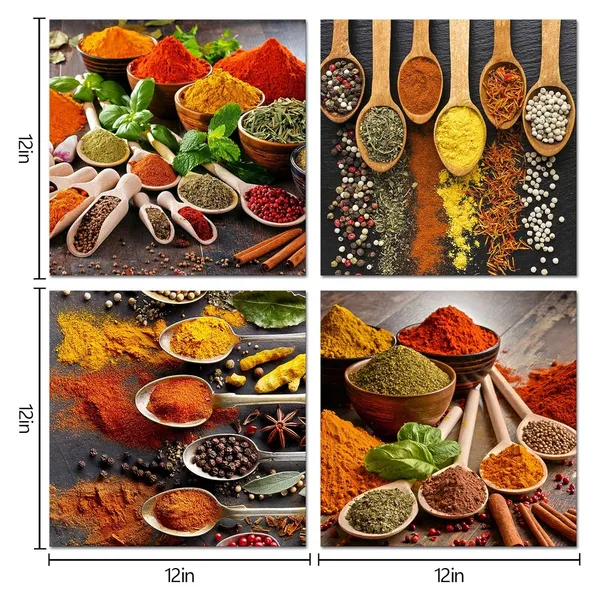 Multicolor_Homoeart_Colorful_Spices_Kitchen_Pictures_Canvas_Wall_Art_Prints_Framed_Still_Life_Food_Painting_12"X12"X4_Panels_Dining_Room_Restaurant_Home_Wall_Decor