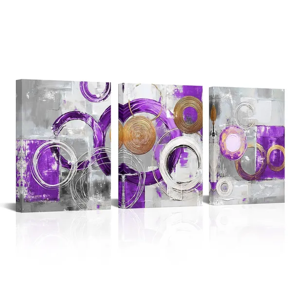 Purple_Abstract_Wall_Art_Purple_Geometric_Circle_Block_Painting_Framed_Canvas_Artwork_|_For_Bedroom_Living_Room_Bathroom_Home_Office_Wall_Decor_12"X16"X3_Pieces_(Purple)
