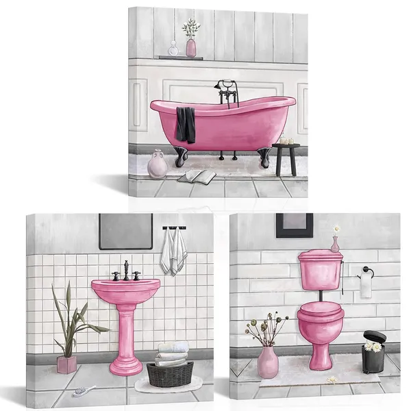 Pink_Bathroom_Wall_Art_Bath_Tub_Painting_Picture_Bathroom_Wall_Decor_Framed_Ready_To_Hang_12X12Inchx3_Pink