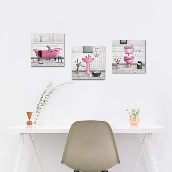 Pink_Bathroom_Wall_Art_Bath_Tub_Painting_Picture_Bathroom_Wall_Decor_Framed_Ready_To_Hang_12X12Inchx3_Pink