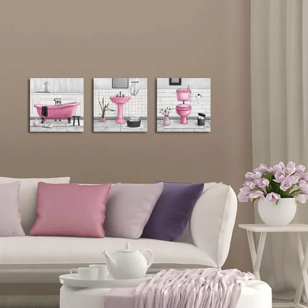 Pink_Bathroom_Wall_Art_Bath_Tub_Painting_Picture_Bathroom_Wall_Decor_Framed_Ready_To_Hang_12X12Inchx3_Pink