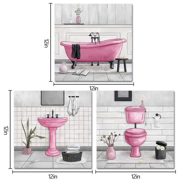 Pink_Bathroom_Wall_Art_Bath_Tub_Painting_Picture_Bathroom_Wall_Decor_Framed_Ready_To_Hang_12X12Inchx3_Pink