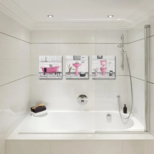 Pink_Bathroom_Wall_Art_Bath_Tub_Painting_Picture_Bathroom_Wall_Decor_Framed_Ready_To_Hang_12X12Inchx3_Pink
