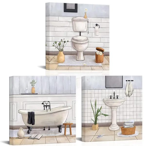 White_Bathroom_Wall_Art_Bath_Tub_Painting_Picture_Bathroom_Wall_Decor_Framed_Ready_To_Hang_12X12Inchx3_White