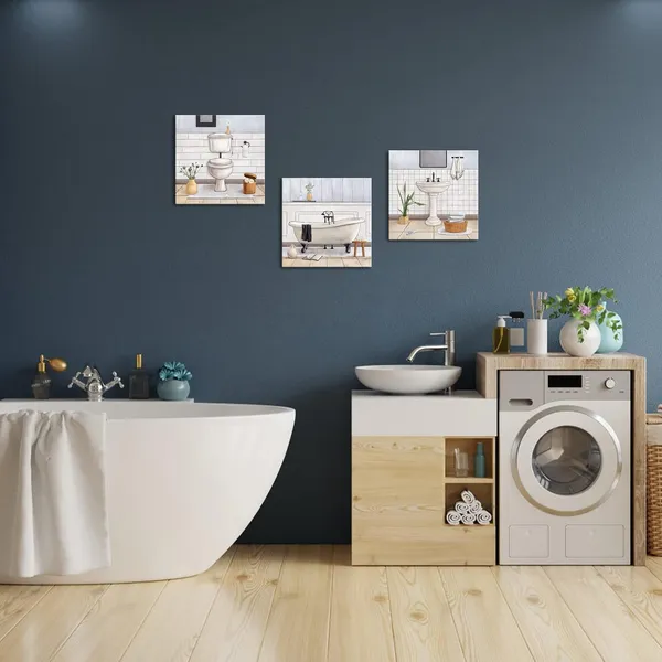 White_Bathroom_Wall_Art_Bath_Tub_Painting_Picture_Bathroom_Wall_Decor_Framed_Ready_To_Hang_12X12Inchx3_White