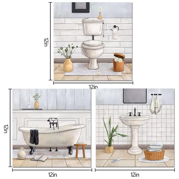 White_Bathroom_Wall_Art_Bath_Tub_Painting_Picture_Bathroom_Wall_Decor_Framed_Ready_To_Hang_12X12Inchx3_White