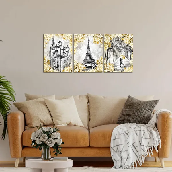 Black_Paris_Landscape_Wall_Art_Eiffel_Tower_Painting_Wall_Decor_Black_And_White_Romantic_Paris_Street_Lovers_With_Yellow_Umbrella_Bedroom_Wall_Decor_(12"X16"X3_Panels)