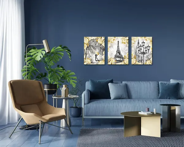 Black_Paris_Landscape_Wall_Art_Eiffel_Tower_Painting_Wall_Decor_Black_And_White_Romantic_Paris_Street_Lovers_With_Yellow_Umbrella_Bedroom_Wall_Decor_(12"X16"X3_Panels)