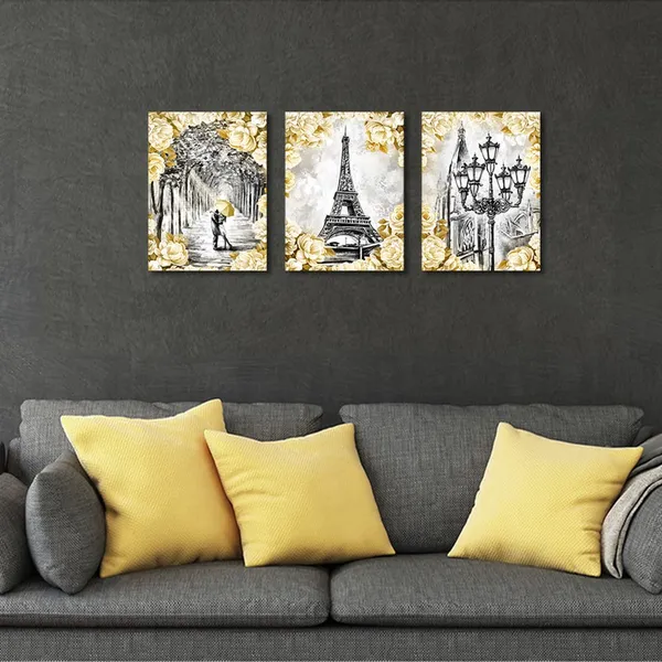 Black_Paris_Landscape_Wall_Art_Eiffel_Tower_Painting_Wall_Decor_Black_And_White_Romantic_Paris_Street_Lovers_With_Yellow_Umbrella_Bedroom_Wall_Decor_(12"X16"X3_Panels)