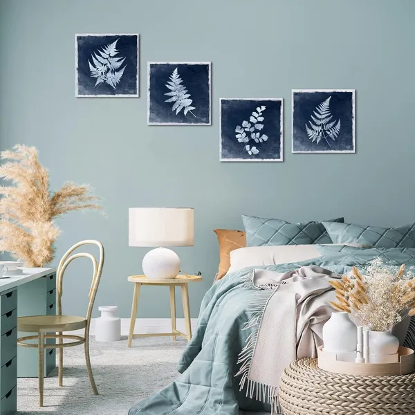 Navy_Blue_Navy_Blue_Plant_Pictures_Wall_Art_Bathroom_Decor_Fern_Painting_Canvas_Prints_Botanical_Wall_Art_Framed_Living_Room_Kitchen_Dining_Room_Decor_12_X_12_Inch_X_4_Panels