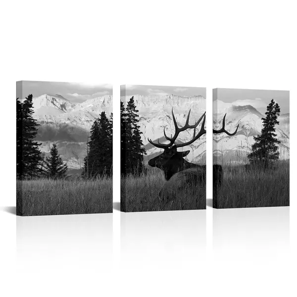 Multicolor_Canvas_Print_Black_And_White_Elk_Canvas_Wall_Art_Elk_Art_Picture_Animal_In_|_Forest_Nature_Landscape_Painting_Hunting_Theme_Decor_Framed_Ready_To_Hang