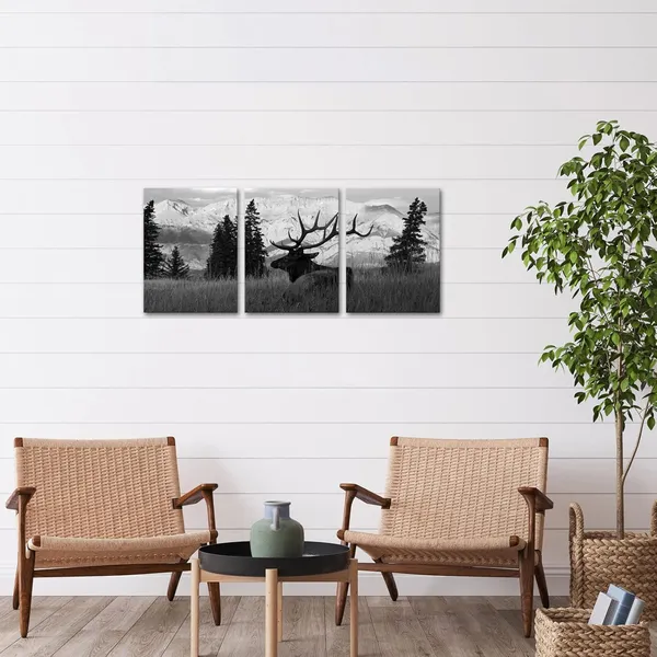 Multicolor_Canvas_Print_Black_And_White_Elk_Canvas_Wall_Art_Elk_Art_Picture_Animal_In_|_Forest_Nature_Landscape_Painting_Hunting_Theme_Decor_Framed_Ready_To_Hang