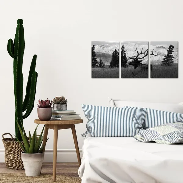 Multicolor_Canvas_Print_Black_And_White_Elk_Canvas_Wall_Art_Elk_Art_Picture_Animal_In_|_Forest_Nature_Landscape_Painting_Hunting_Theme_Decor_Framed_Ready_To_Hang