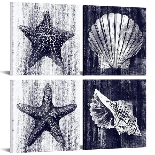 Blue_Seashell_Starfish_Art_Prints_Ocean_Beach_Bathroom_Decor_Wall_Art_Coastal_Decor_Stretched_And_Framed_Ready_To_Hang_Deep_Blue_12"X12"X4_Pieces