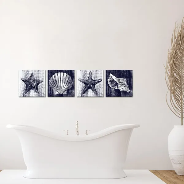 Blue_Seashell_Starfish_Art_Prints_Ocean_Beach_Bathroom_Decor_Wall_Art_Coastal_Decor_Stretched_And_Framed_Ready_To_Hang_Deep_Blue_12"X12"X4_Pieces