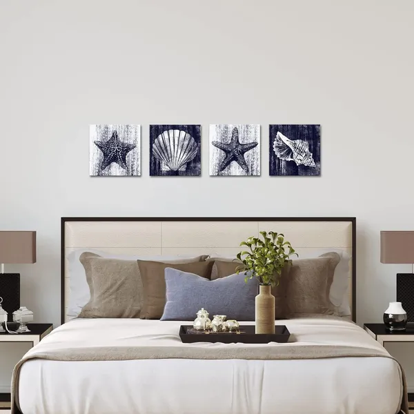 Blue_Seashell_Starfish_Art_Prints_Ocean_Beach_Bathroom_Decor_Wall_Art_Coastal_Decor_Stretched_And_Framed_Ready_To_Hang_Deep_Blue_12"X12"X4_Pieces