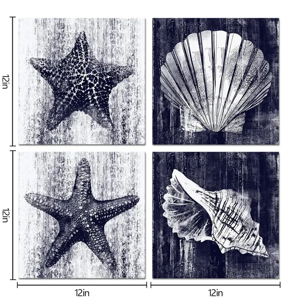 Blue_Seashell_Starfish_Art_Prints_Ocean_Beach_Bathroom_Decor_Wall_Art_Coastal_Decor_Stretched_And_Framed_Ready_To_Hang_Deep_Blue_12"X12"X4_Pieces