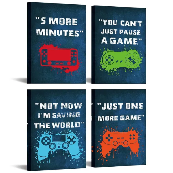 Blue_Video_Game_Gaming_Poster_Quote_Picture_Canvas_Wall_Art_Prints_Teen_Boys_Kids_Bedroom_Gamer_Playroom_Living_Room_Wall_Decor_12"X16"X4_Panels