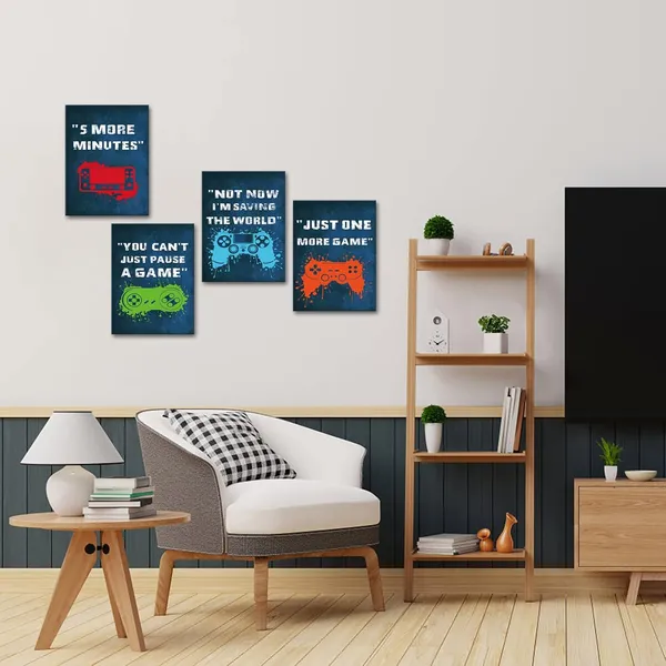 Blue_Video_Game_Gaming_Poster_Quote_Picture_Canvas_Wall_Art_Prints_Teen_Boys_Kids_Bedroom_Gamer_Playroom_Living_Room_Wall_Decor_12"X16"X4_Panels