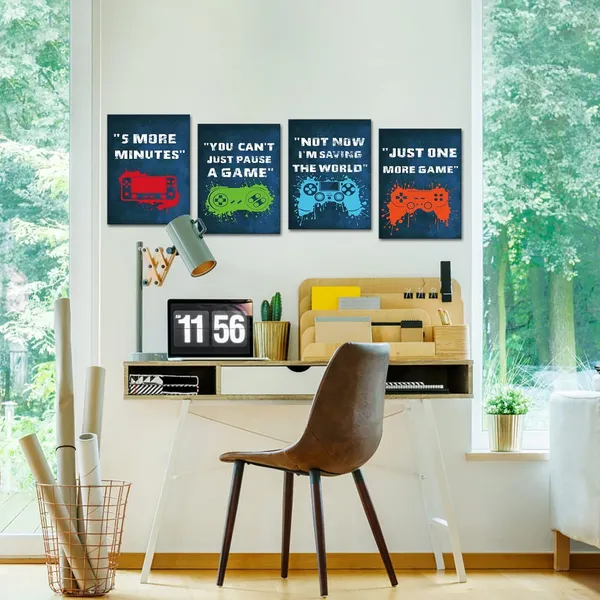 Blue_Video_Game_Gaming_Poster_Quote_Picture_Canvas_Wall_Art_Prints_Teen_Boys_Kids_Bedroom_Gamer_Playroom_Living_Room_Wall_Decor_12"X16"X4_Panels