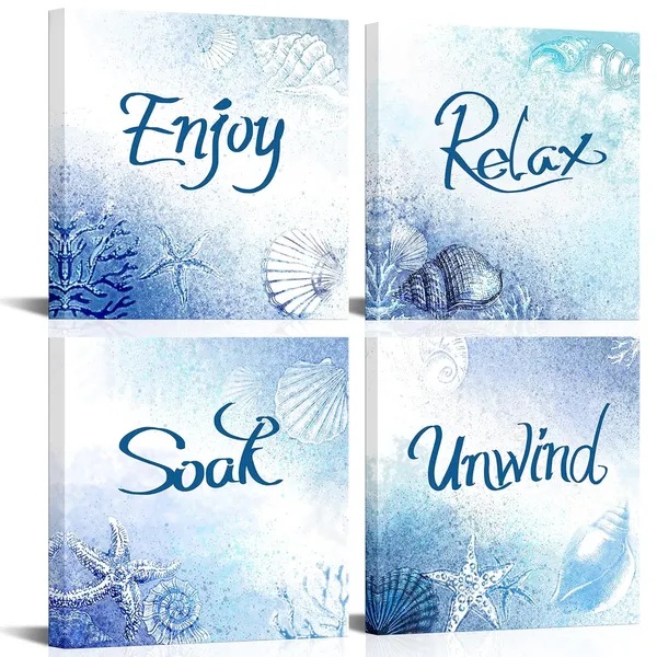Multicolor_Bathroom_Relax_Soak_Unwind_Enjoy_Wall_Art_Blue_Seashell_Coral_Starfish_Painting_Canvas_Prints_Stretched_Artwork_Easy_To_Hang_12"X12"X4_Pieces