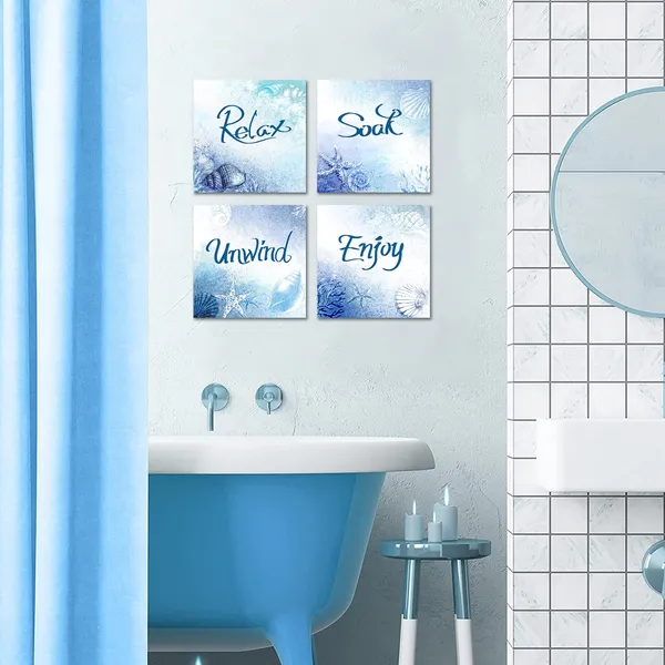 Multicolor_Bathroom_Relax_Soak_Unwind_Enjoy_Wall_Art_Blue_Seashell_Coral_Starfish_Painting_Canvas_Prints_Stretched_Artwork_Easy_To_Hang_12"X12"X4_Pieces