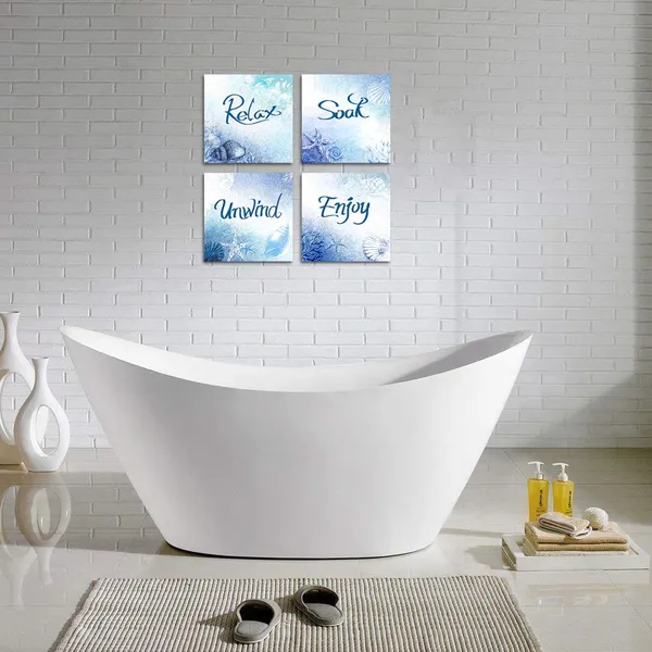 Multicolor_Bathroom_Relax_Soak_Unwind_Enjoy_Wall_Art_Blue_Seashell_Coral_Starfish_Painting_Canvas_Prints_Stretched_Artwork_Easy_To_Hang_12"X12"X4_Pieces