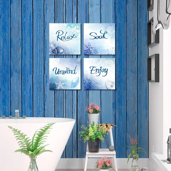 Multicolor_Bathroom_Relax_Soak_Unwind_Enjoy_Wall_Art_Blue_Seashell_Coral_Starfish_Painting_Canvas_Prints_Stretched_Artwork_Easy_To_Hang_12"X12"X4_Pieces