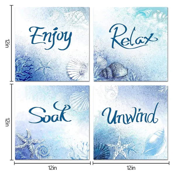 Multicolor_Bathroom_Relax_Soak_Unwind_Enjoy_Wall_Art_Blue_Seashell_Coral_Starfish_Painting_Canvas_Prints_Stretched_Artwork_Easy_To_Hang_12"X12"X4_Pieces