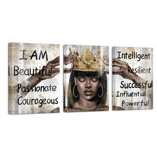 Multicolor_African_American_Wall_Art_Black_Queen_With_Golden_Crown_Inspirational_Motivational_Painting_Canvas_Print_Black_Girl_Bedroom_Decor_Living_Room_Decor_Framed_(12"X16"X3_Panels)