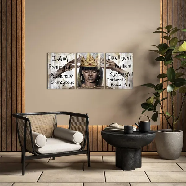 Multicolor_African_American_Wall_Art_Black_Queen_With_Golden_Crown_Inspirational_Motivational_Painting_Canvas_Print_Black_Girl_Bedroom_Decor_Living_Room_Decor_Framed_(12"X16"X3_Panels)
