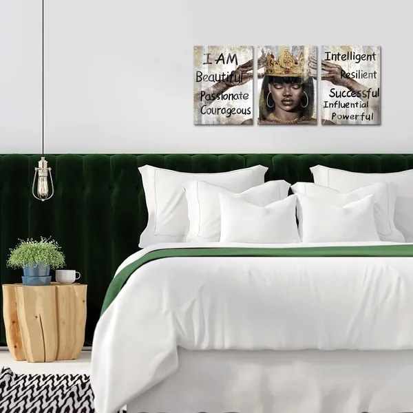 Multicolor_African_American_Wall_Art_Black_Queen_With_Golden_Crown_Inspirational_Motivational_Painting_Canvas_Print_Black_Girl_Bedroom_Decor_Living_Room_Decor_Framed_(12"X16"X3_Panels)