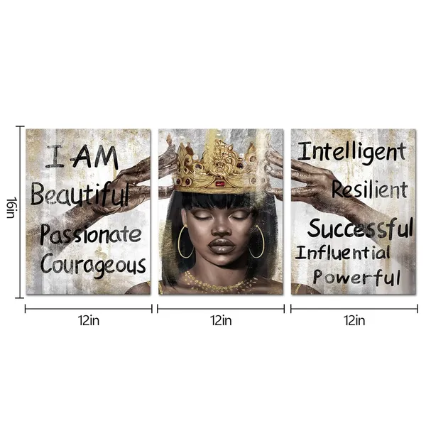 Multicolor_African_American_Wall_Art_Black_Queen_With_Golden_Crown_Inspirational_Motivational_Painting_Canvas_Print_Black_Girl_Bedroom_Decor_Living_Room_Decor_Framed_(12"X16"X3_Panels)