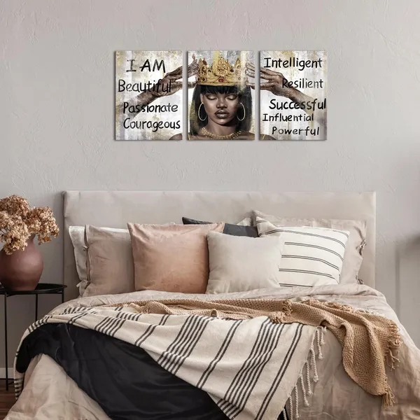 Multicolor_African_American_Wall_Art_Black_Queen_With_Golden_Crown_Inspirational_Motivational_Painting_Canvas_Print_Black_Girl_Bedroom_Decor_Living_Room_Decor_Framed_(12"X16"X3_Panels)