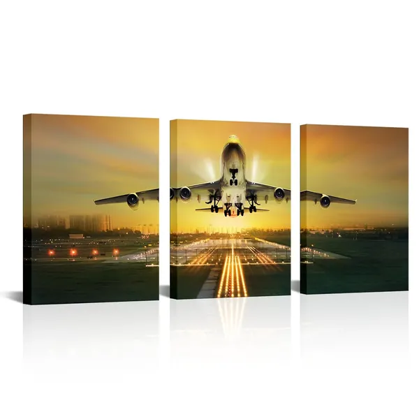 Yellow_Airplane_Art_Wall_Decor_Aviation_Decor_Pictures_Framed_Artwork_Boys_Bedroom_Decor_12X16Inch_X_3Pieces