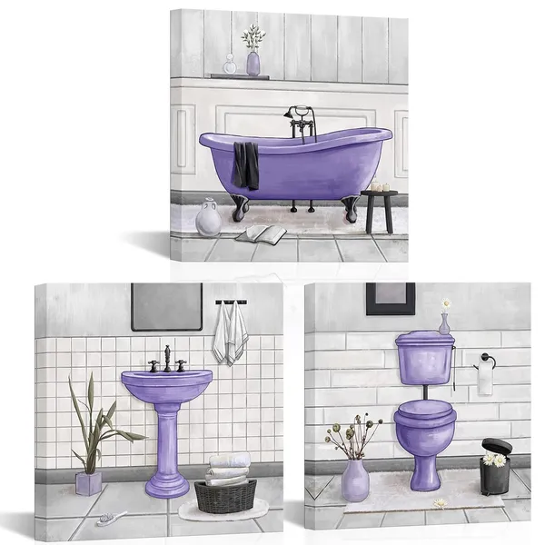 Purple_Bathroom_Wall_Art_Bath_Tub_Painting_Picture_Bathroom_Wall_Decor_Framed_Ready_To_Hang_12X12Inchx3_Purple
