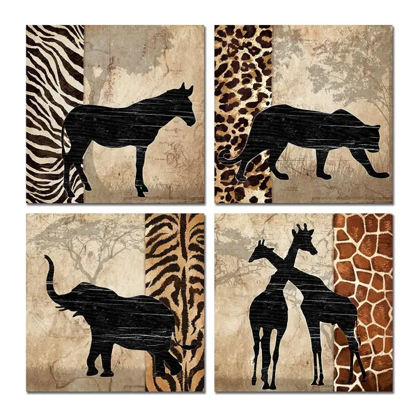 Multicolor_African_Animals_Wall_Art_Canvas_Prints_Giraffe_Zebra_Elephant_Leopard_Painting_African_Landcape_Living_Room_Bedroom_Decor_12"X12"X4_Pieces