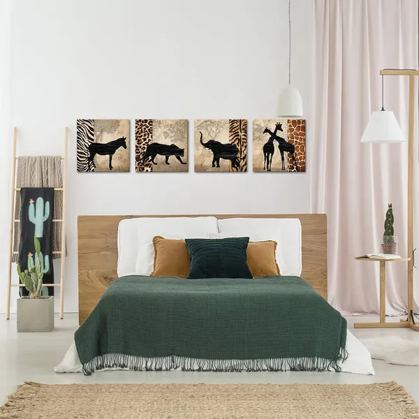 Multicolor_African_Animals_Wall_Art_Canvas_Prints_Giraffe_Zebra_Elephant_Leopard_Painting_African_Landcape_Living_Room_Bedroom_Decor_12"X12"X4_Pieces