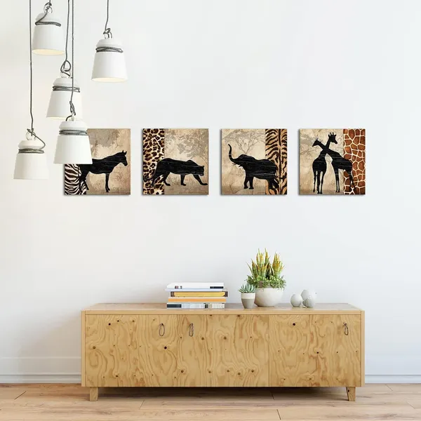 Multicolor_African_Animals_Wall_Art_Canvas_Prints_Giraffe_Zebra_Elephant_Leopard_Painting_African_Landcape_Living_Room_Bedroom_Decor_12"X12"X4_Pieces