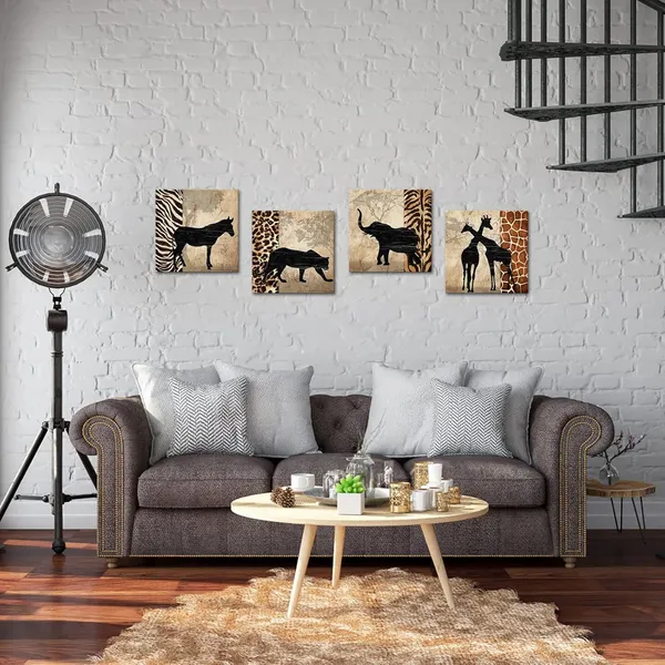 Multicolor_African_Animals_Wall_Art_Canvas_Prints_Giraffe_Zebra_Elephant_Leopard_Painting_African_Landcape_Living_Room_Bedroom_Decor_12"X12"X4_Pieces