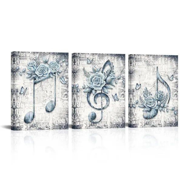 Multicolor_Music_Note_Painting_Blue_Flower_And_Butterfly_Music_Theme_Decor_Pictures_Framed_Artwork_Ready_To_Hang_12"X16"X3_Pieces