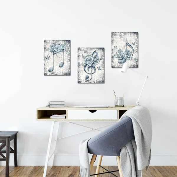Multicolor_Music_Note_Painting_Blue_Flower_And_Butterfly_Music_Theme_Decor_Pictures_Framed_Artwork_Ready_To_Hang_12"X16"X3_Pieces