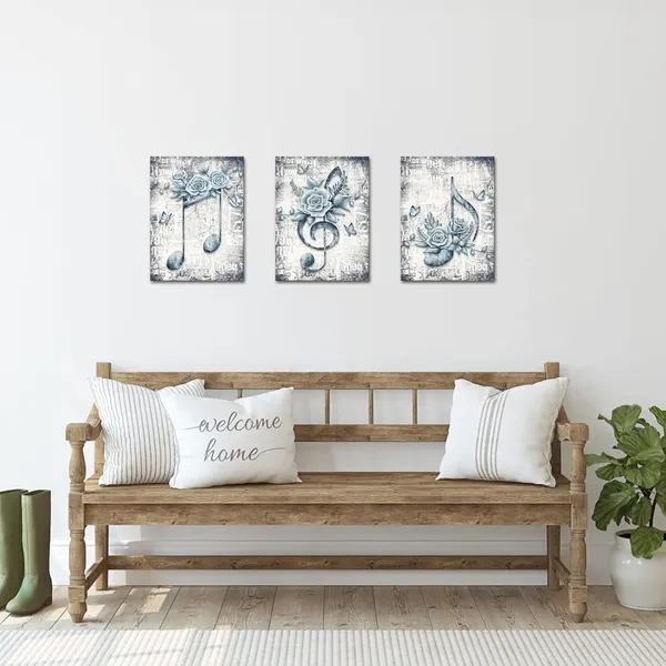 Multicolor_Music_Note_Painting_Blue_Flower_And_Butterfly_Music_Theme_Decor_Pictures_Framed_Artwork_Ready_To_Hang_12"X16"X3_Pieces