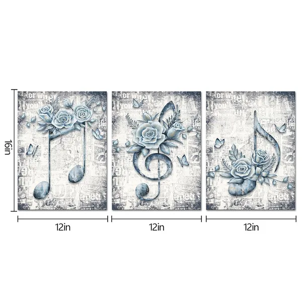 Multicolor_Music_Note_Painting_Blue_Flower_And_Butterfly_Music_Theme_Decor_Pictures_Framed_Artwork_Ready_To_Hang_12"X16"X3_Pieces