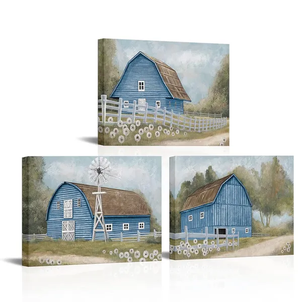 Blue_Farmhouse_Wall_Art_Country_Barn_Painting_Picture_Farmhouse_Wall_Decor_Framed_Ready_To_Hang_12X16Inchx3_(Blue)