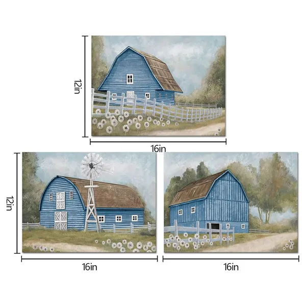 Blue_Farmhouse_Wall_Art_Country_Barn_Painting_Picture_Farmhouse_Wall_Decor_Framed_Ready_To_Hang_12X16Inchx3_(Blue)