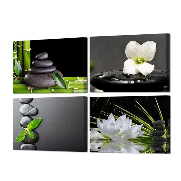 Green_And_Gray_Wall_Decor_-_4_Panels_Black_Zen_Stone_Poster_Canvas_Wall_Art_Prints_White_Orchid_And_Lotus_Painting_Modern_Printed_Green_Bamboo_Picture_Framed_Giclee_Artwork_Contemporary_Home_Decor